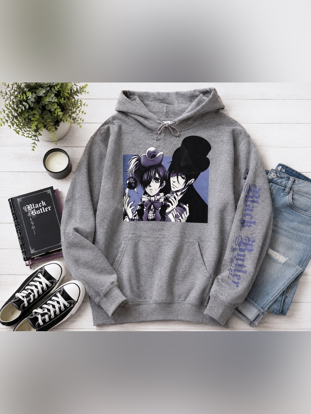 Black Butler Anime Gray Pullover Hoodie Size Large Ciel Sebastian Graphic Manga